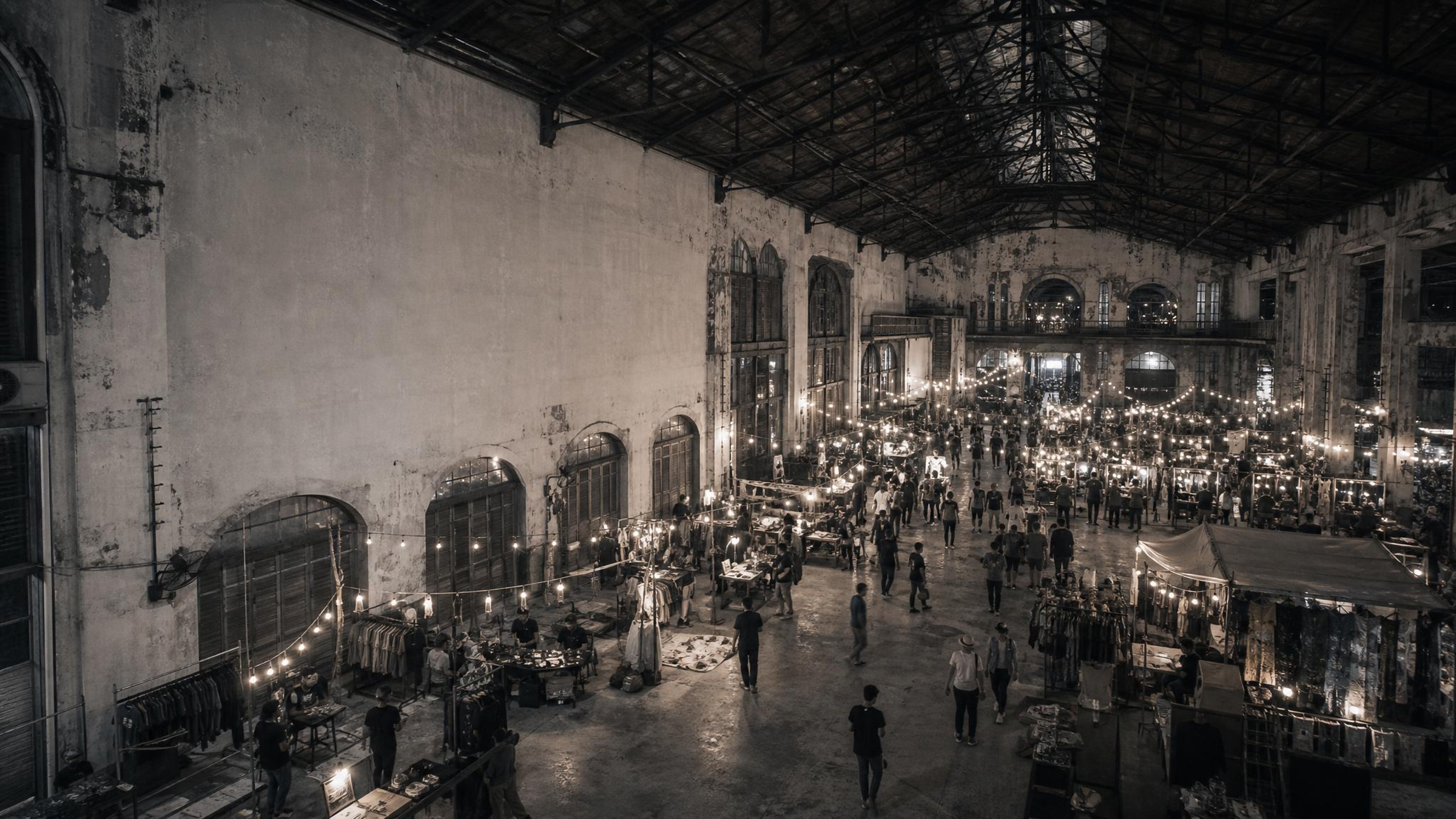 Warehouse-style market atmosphere for Indigo Daze